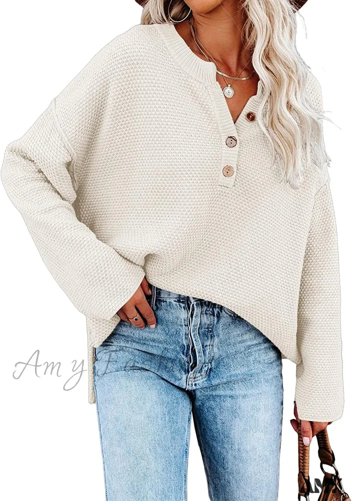 Amy Fashion - Women’s Batwing Long Sleeve Loose V Neck Button Top White / Large