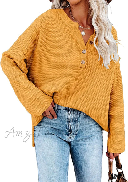 Amy Fashion - Women’s Batwing Long Sleeve Loose V Neck Button Top Yellow / X-Large