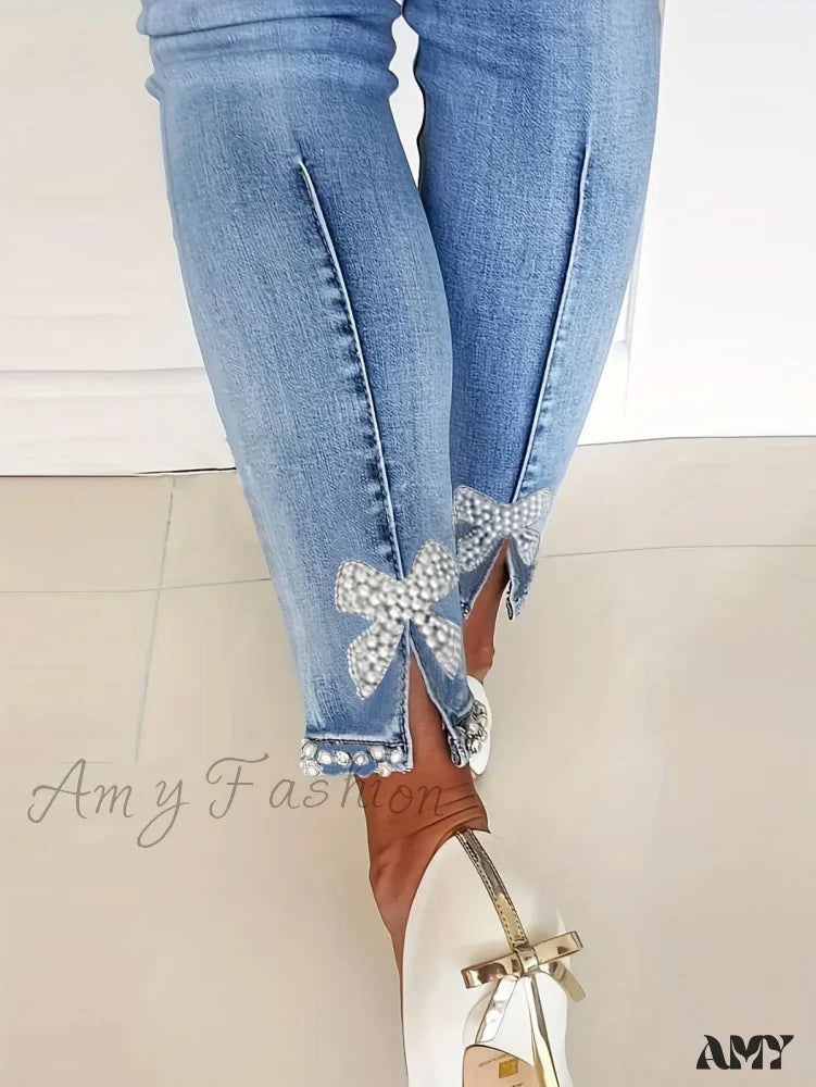 Amy Fashion - Women’s Blue High-Stretch Skinny With Faux Pearl Decor And Slim Fit Stylish