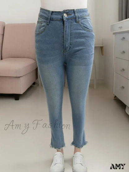 Amy Fashion - Women’s Blue High-Stretch Skinny With Faux Pearl Decor And Slim Fit Stylish