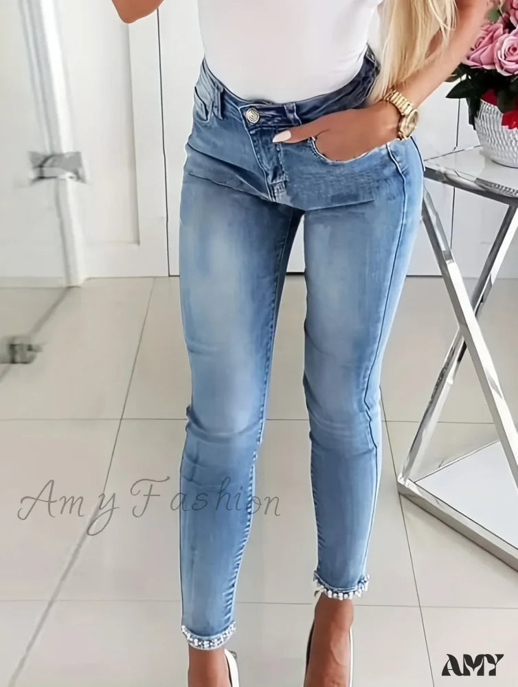 Amy Fashion - Women’s Blue High-Stretch Skinny With Faux Pearl Decor And Slim Fit Stylish