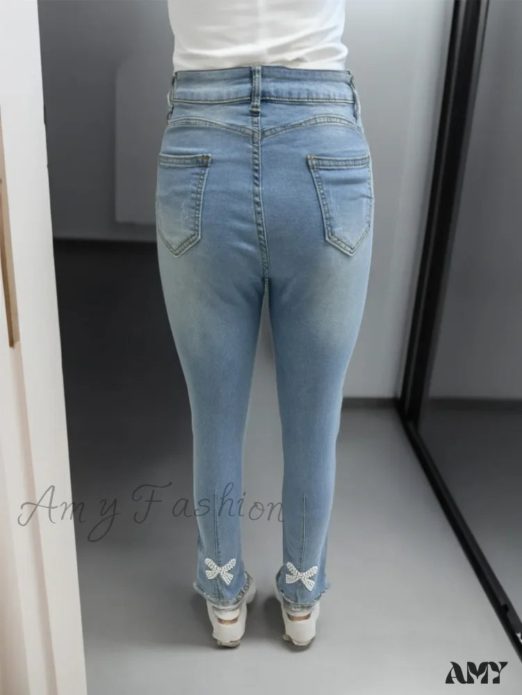 Amy Fashion - Women’s Blue High-Stretch Skinny With Faux Pearl Decor And Slim Fit Stylish