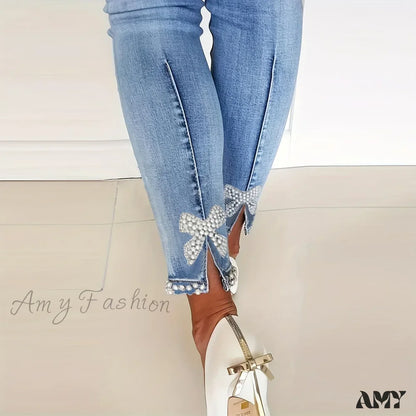 Amy Fashion - Women’s Blue High-Stretch Skinny With Faux Pearl Decor And Slim Fit Stylish