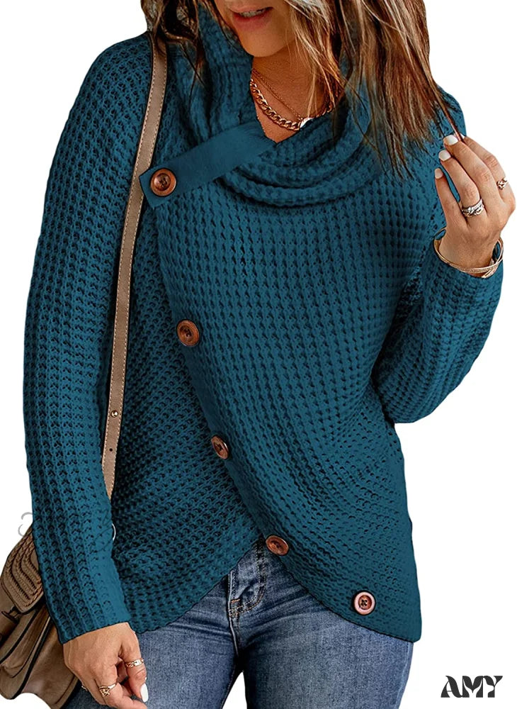 Amy Fashion - Womens Button Cowl Neck Long Sleeve Asymmetric Wrap Sweater A Blue / Large