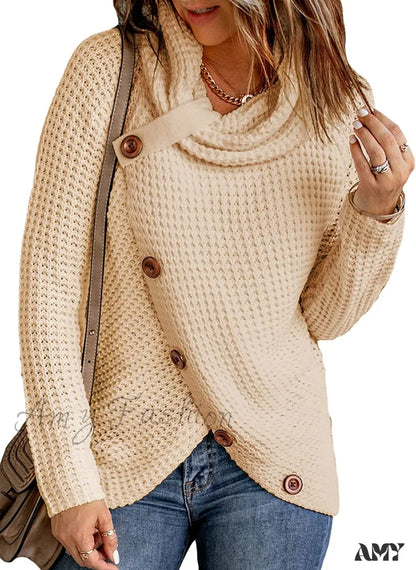 Amy Fashion - Womens Button Cowl Neck Long Sleeve Asymmetric Wrap Sweater B Beige / Large