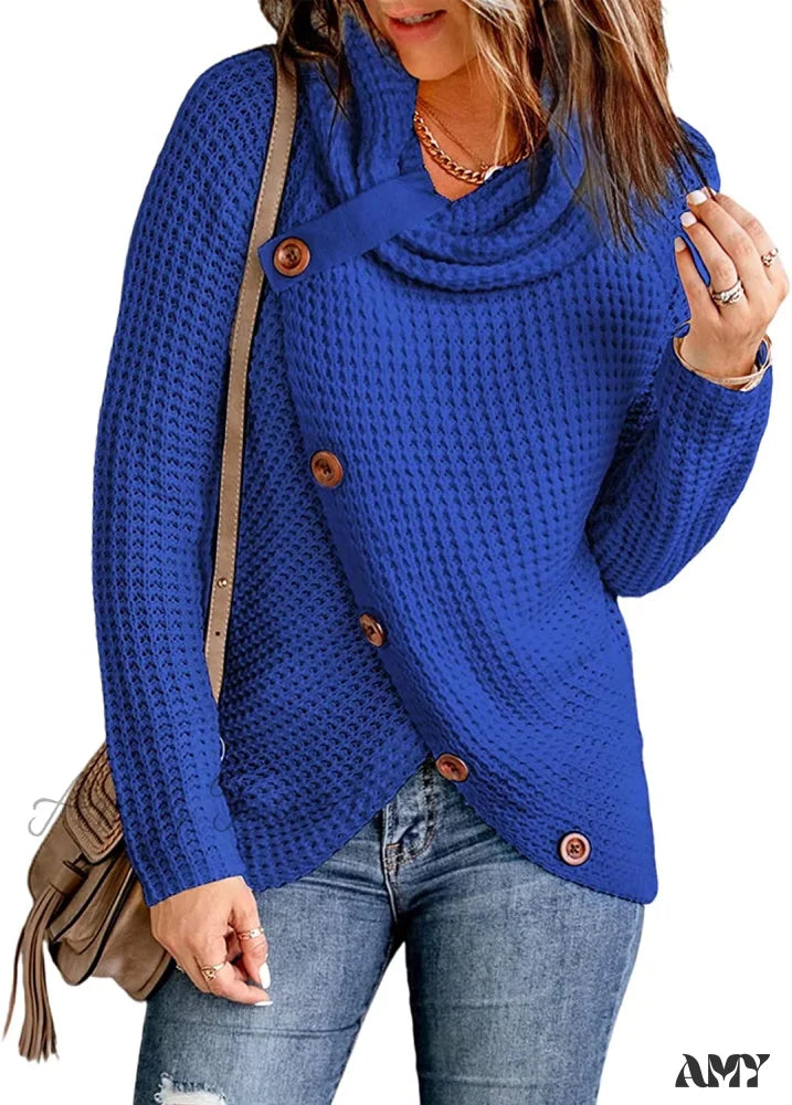 Amy Fashion - Womens Button Cowl Neck Long Sleeve Asymmetric Wrap Sweater C Blue / Xx-Large