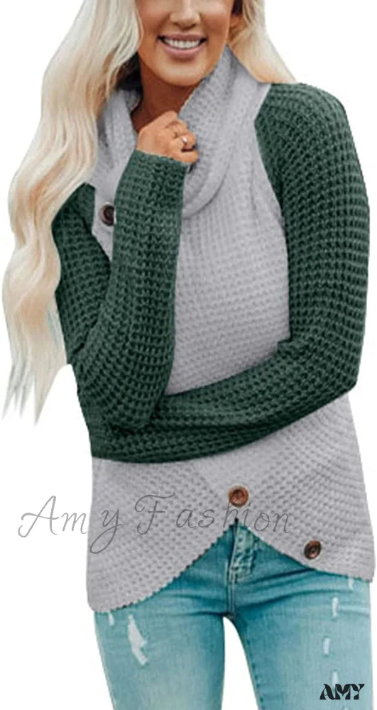 Amy Fashion - Womens Button Cowl Neck Long Sleeve Asymmetric Wrap Sweater D Green / X-Large