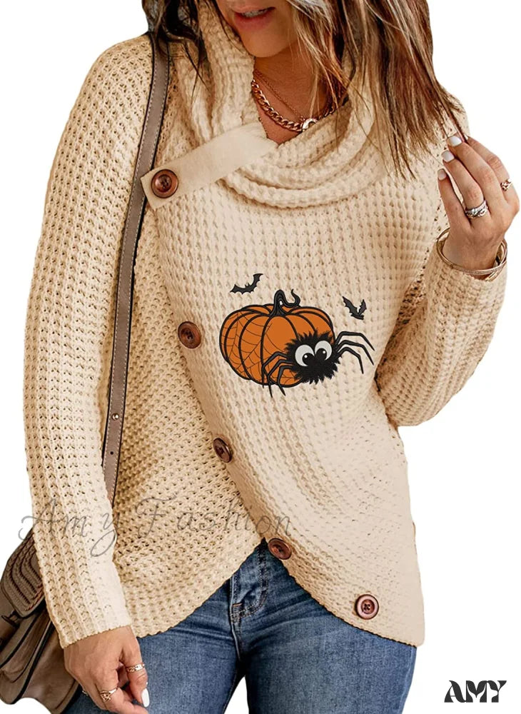 Amy Fashion - Womens Button Cowl Neck Long Sleeve Asymmetric Wrap Sweater F Bat Beige / Medium