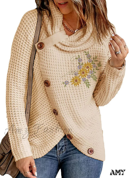 Amy Fashion - Womens Button Cowl Neck Long Sleeve Asymmetric Wrap Sweater F Flowers Beige / Medium