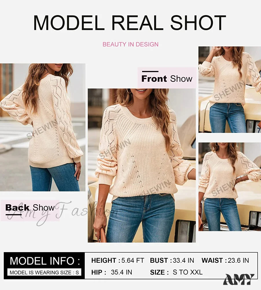 Amy Fashion - Women’s Casual Long Sleeve Crewneck Crochet Sweater