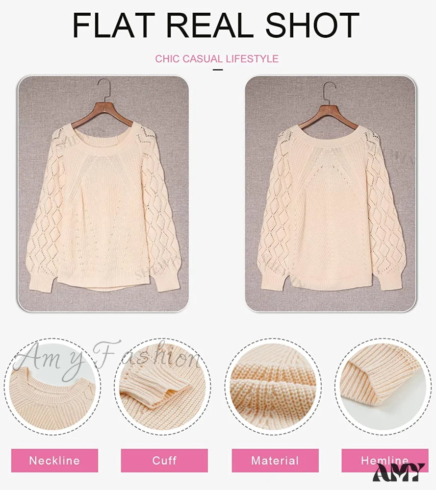 Amy Fashion - Women’s Casual Long Sleeve Crewneck Crochet Sweater