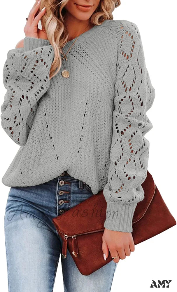 Amy Fashion - Women’s Casual Long Sleeve Crewneck Crochet Sweater B Grey / Large