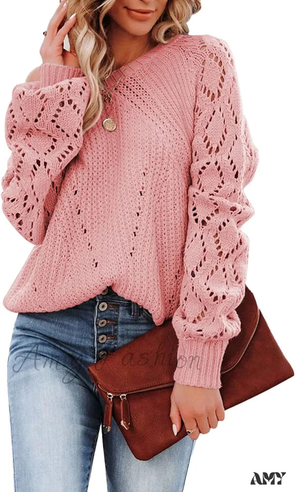 Amy Fashion - Women’s Casual Long Sleeve Crewneck Crochet Sweater B Pink / X-Large