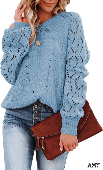 Amy Fashion - Women’s Casual Long Sleeve Crewneck Crochet Sweater B Sky Blue / X-Large