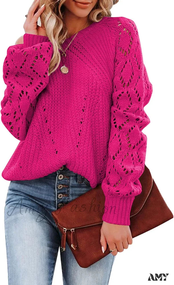 Amy Fashion - Women’s Casual Long Sleeve Crewneck Crochet Sweater D Hot Pink / X-Large