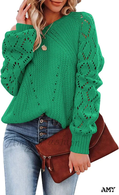 Amy Fashion - Women’s Casual Long Sleeve Crewneck Crochet Sweater E Deep Green / X-Large