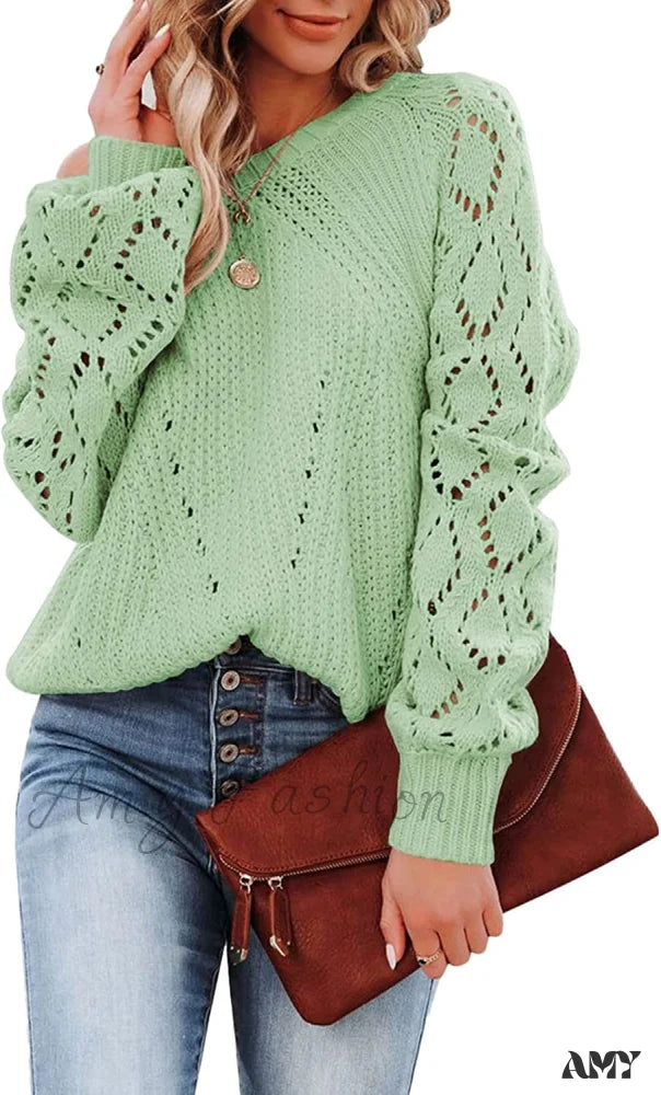 Amy Fashion - Women’s Casual Long Sleeve Crewneck Crochet Sweater E Light Green / Medium