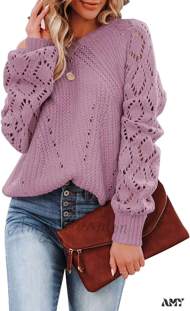 Amy Fashion - Women’s Casual Long Sleeve Crewneck Crochet Sweater E Light Purple / X-Large