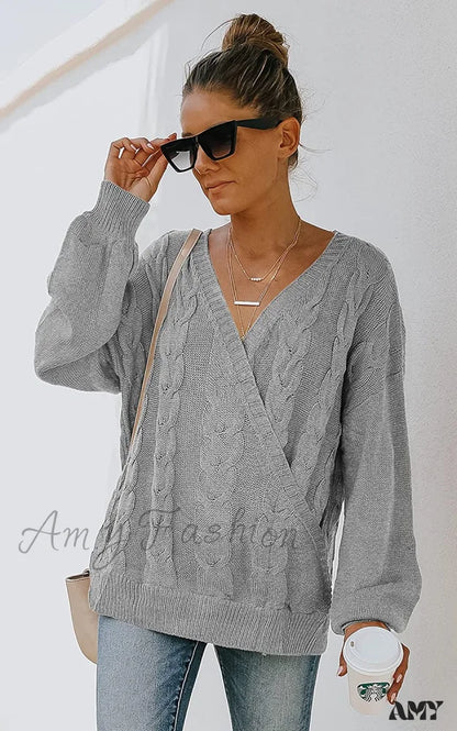 Amy Fashion - Women’s Casual Long Sleeve Deep V Neck Wrap Pullover Sweater