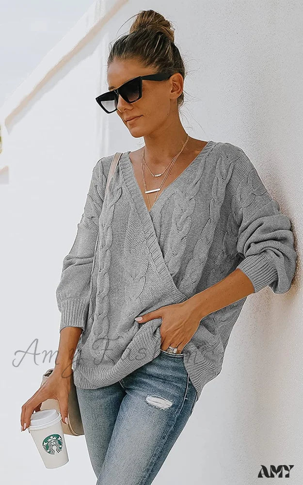 Amy Fashion - Women’s Casual Long Sleeve Deep V Neck Wrap Pullover Sweater