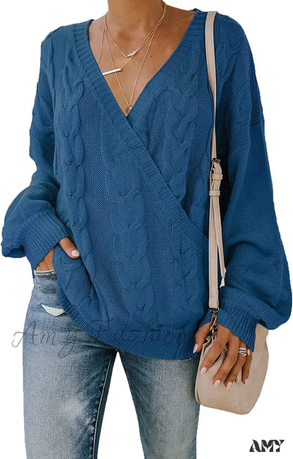 Amy Fashion - Women’s Casual Long Sleeve Deep V Neck Wrap Pullover Sweater Blue / Large