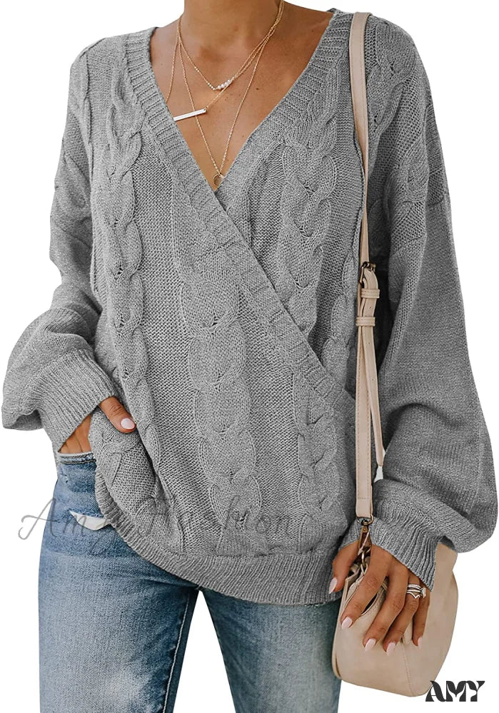 Amy Fashion - Women’s Casual Long Sleeve Deep V Neck Wrap Pullover Sweater Grey / Small