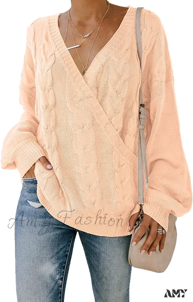 Amy Fashion - Women’s Casual Long Sleeve Deep V Neck Wrap Pullover Sweater Pink / Small