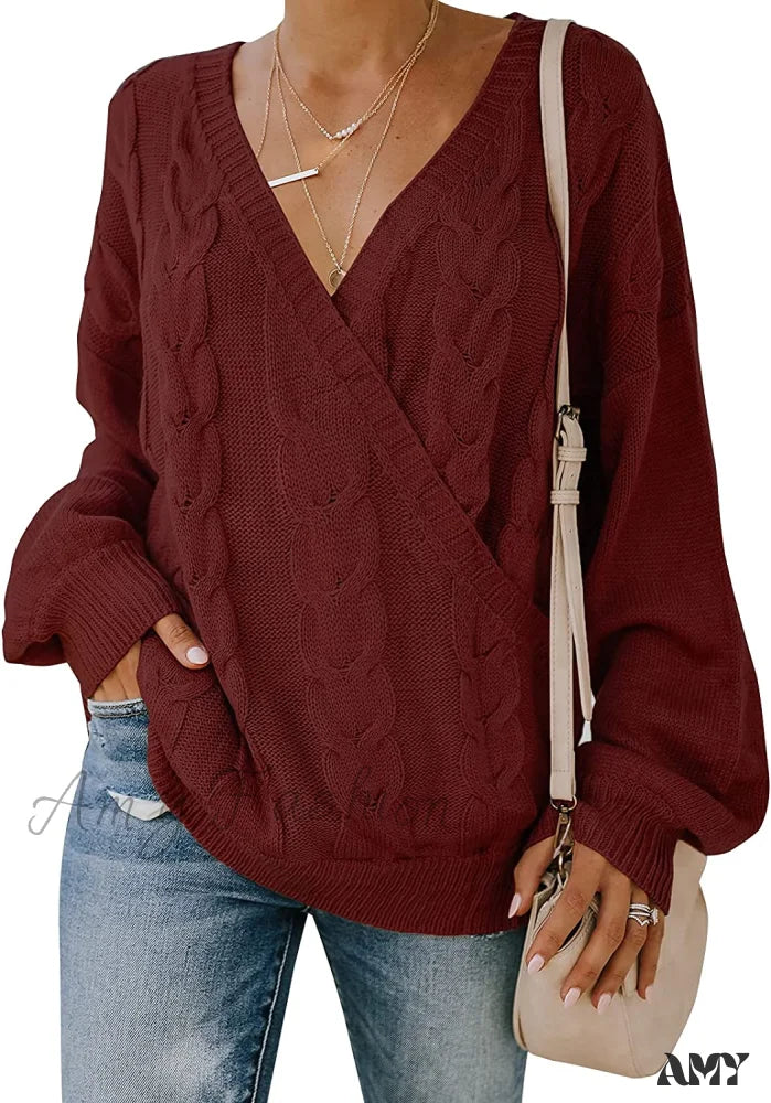 Amy Fashion - Women’s Casual Long Sleeve Deep V Neck Wrap Pullover Sweater Wine Red / Small