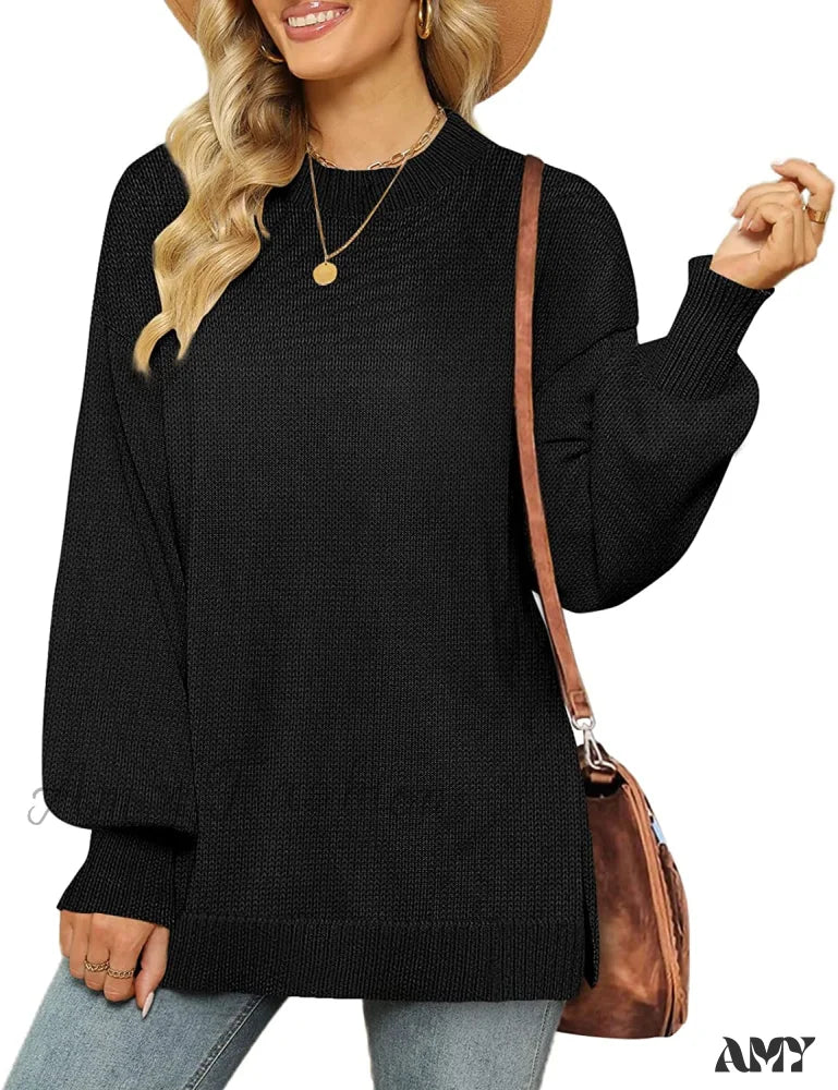 Amy Fashion - Women’s Crew Neck Lantern Sleeves Side Slit Ribbed Sweater 01-Black / Large