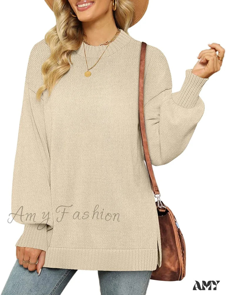 Amy Fashion - Women’s Crew Neck Lantern Sleeves Side Slit Ribbed Sweater 02-Apricot / Medium