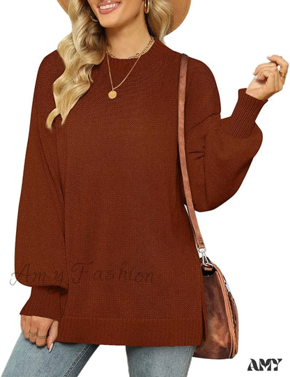 Amy Fashion - Women’s Crew Neck Lantern Sleeves Side Slit Ribbed Sweater 03-Caramel / Large