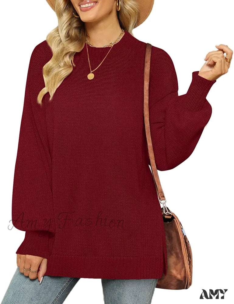 Amy Fashion - Women’s Crew Neck Lantern Sleeves Side Slit Ribbed Sweater 04-Wine / Small