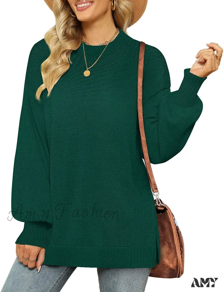 Amy Fashion - Women’s Crew Neck Lantern Sleeves Side Slit Ribbed Sweater 05-Green / Large