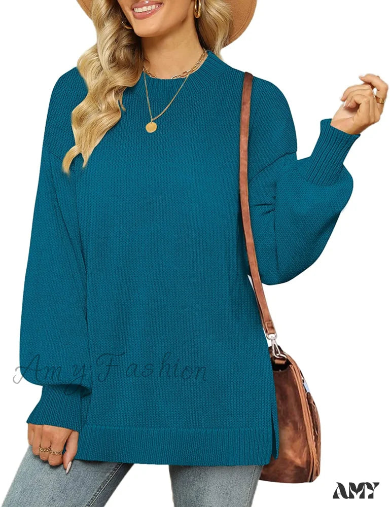 Amy Fashion - Women’s Crew Neck Lantern Sleeves Side Slit Ribbed Sweater 06-Blue / Large