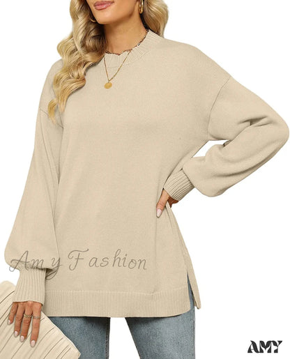 Amy Fashion - Women’s Crew Neck Lantern Sleeves Side Slit Ribbed Sweater