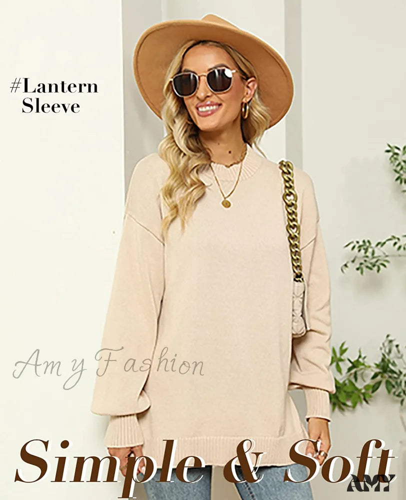 Amy Fashion - Women’s Crew Neck Lantern Sleeves Side Slit Ribbed Sweater