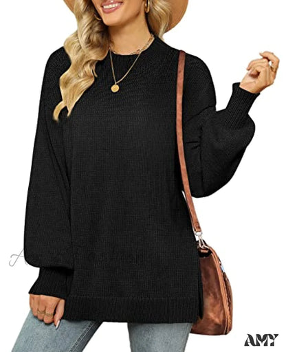 Amy Fashion - Women’s Crew Neck Lantern Sleeves Side Slit Ribbed Sweater