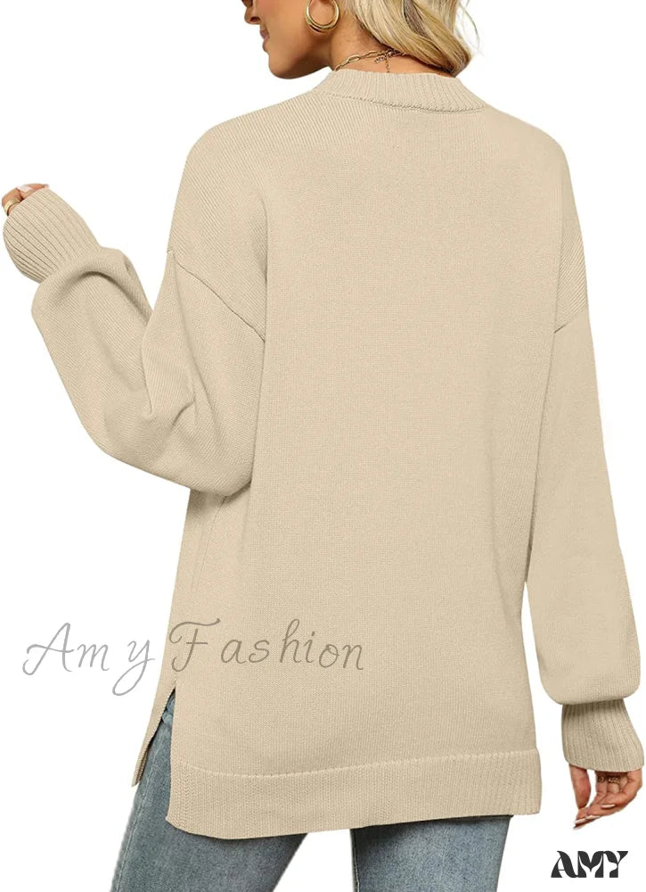 Amy Fashion - Women’s Crew Neck Lantern Sleeves Side Slit Ribbed Sweater