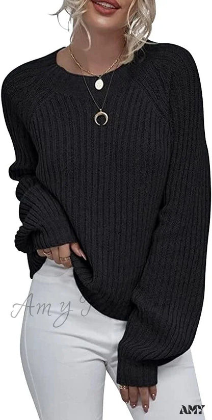 Amy Fashion - Womens Crew Neck Pullover Oversized Sweater