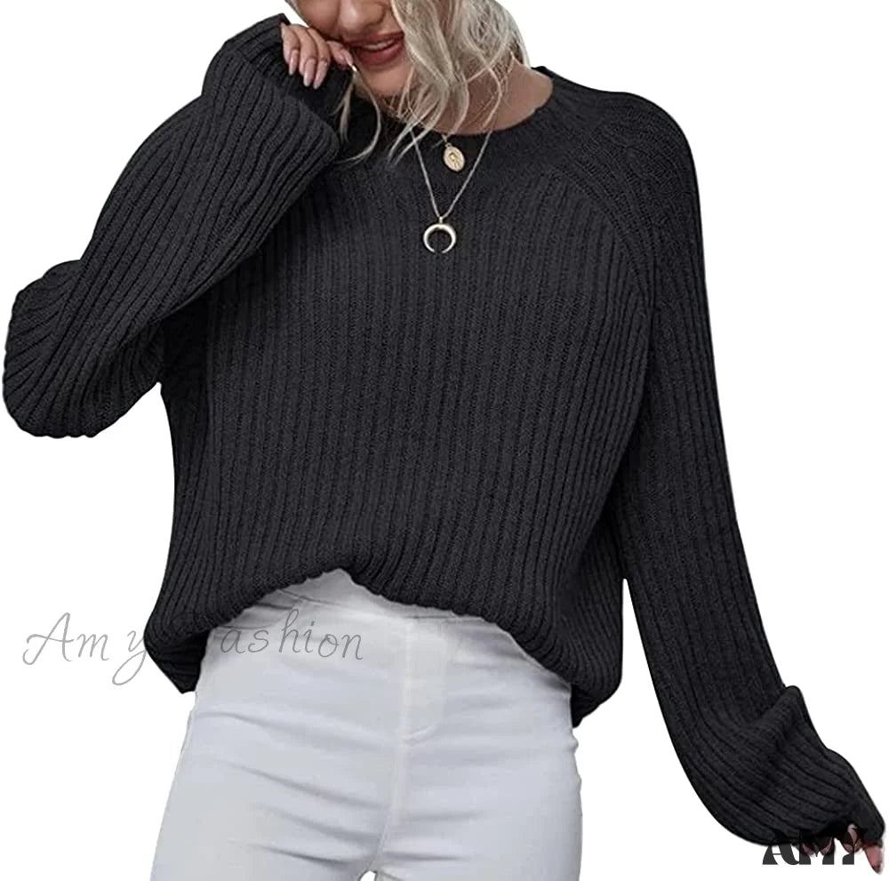 Amy Fashion - Womens Crew Neck Pullover Oversized Sweater