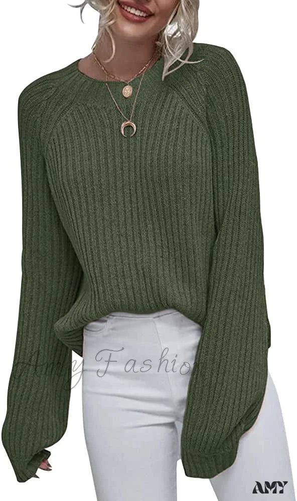 Amy Fashion - Womens Crew Neck Pullover Oversized Sweater Army Green / Large