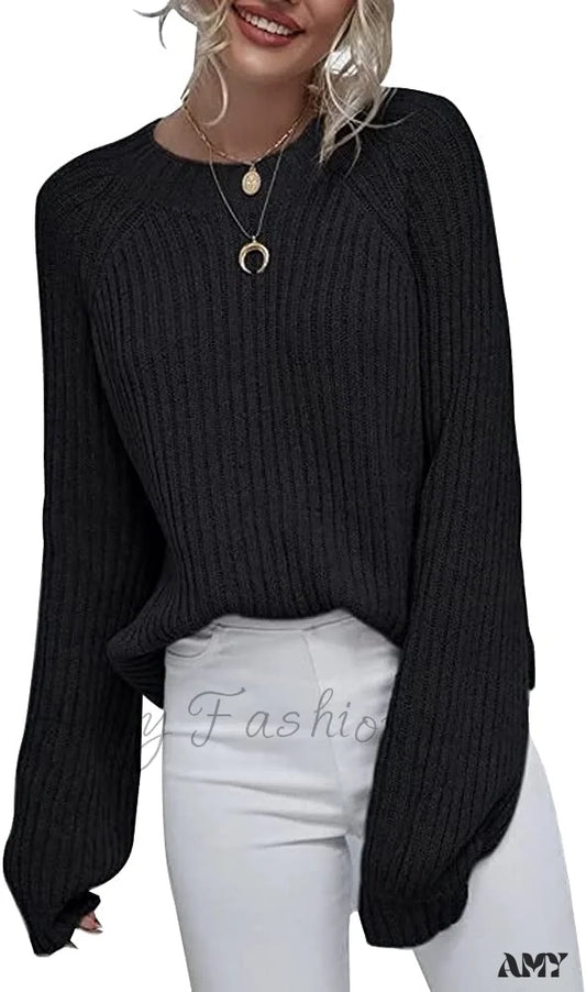 Amy Fashion - Womens Crew Neck Pullover Oversized Sweater Black / Small