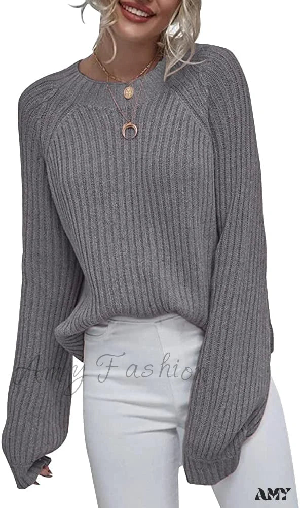 Amy Fashion - Womens Crew Neck Pullover Oversized Sweater Grey / Xx-Large