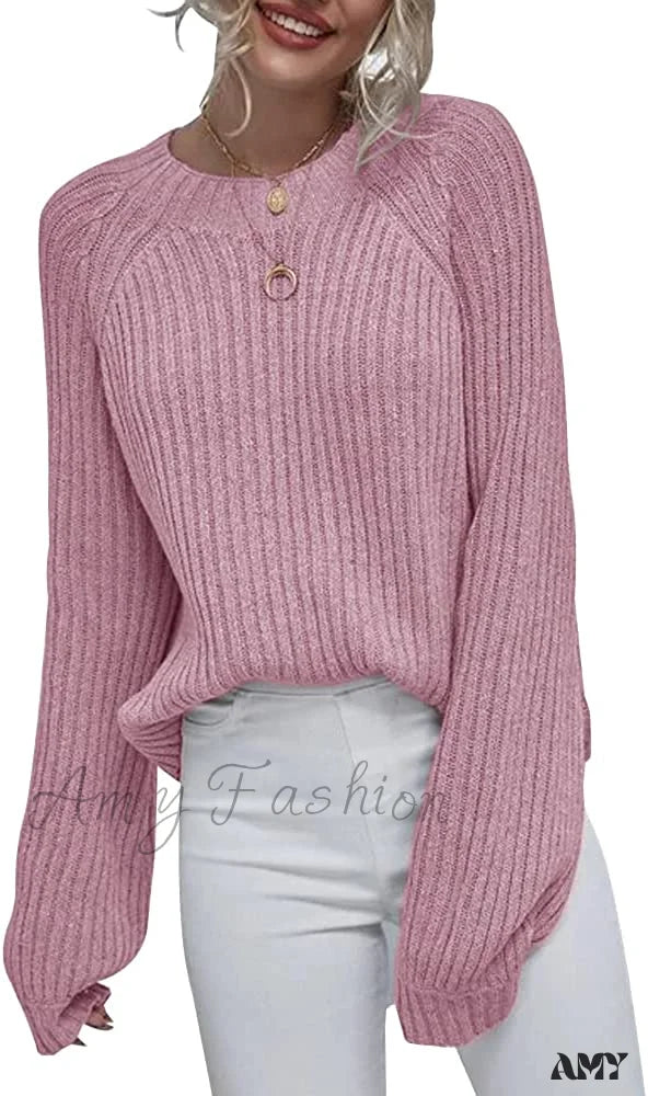 Amy Fashion - Womens Crew Neck Pullover Oversized Sweater Pink / Xx-Large