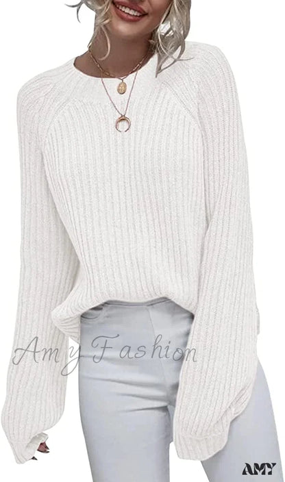 Amy Fashion - Womens Crew Neck Pullover Oversized Sweater White / Medium