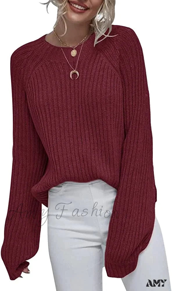 Amy Fashion - Womens Crew Neck Pullover Oversized Sweater Wine Red / X-Large