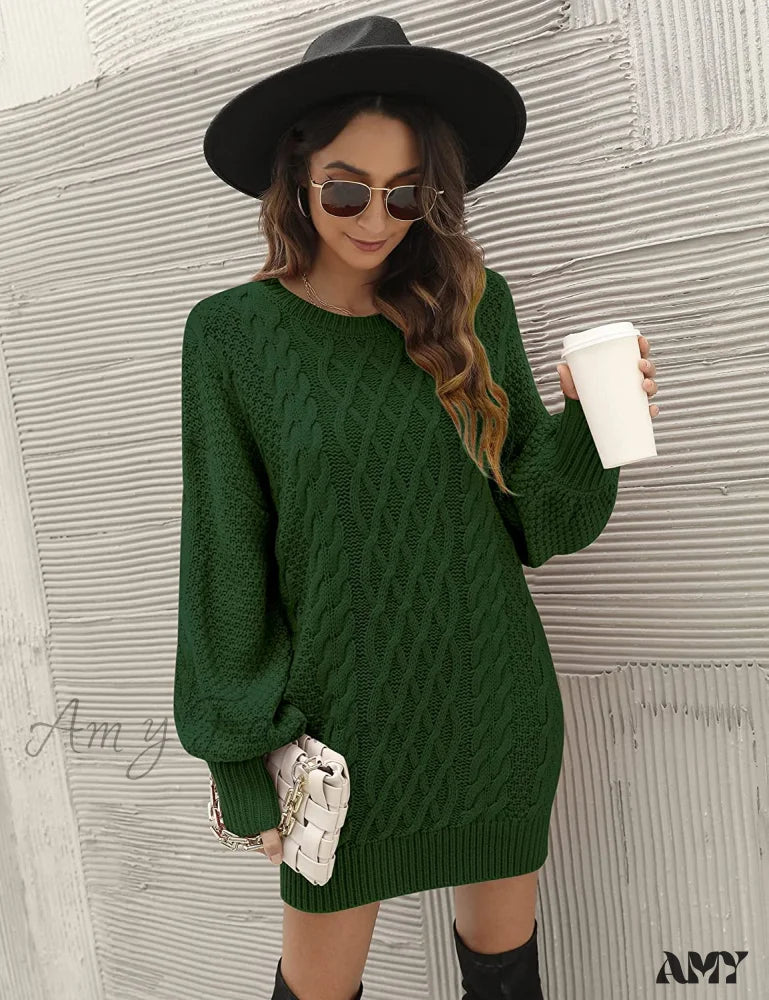 Amy Fashion - Women’s Crewneck Long Sleeve Cable Knit Sweater Dress