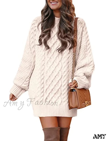 Amy Fashion - Women’s Crewneck Long Sleeve Cable Knit Sweater Dress