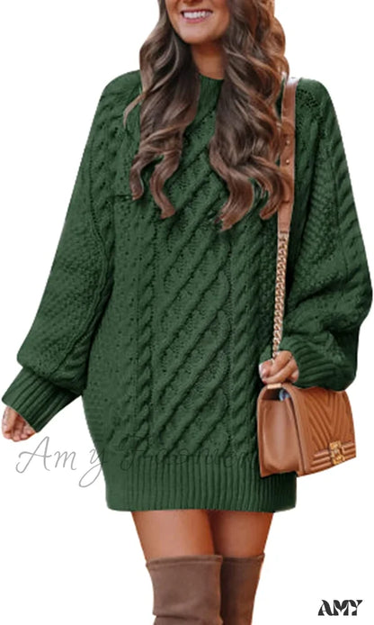 Amy Fashion - Women’s Crewneck Long Sleeve Cable Knit Sweater Dress