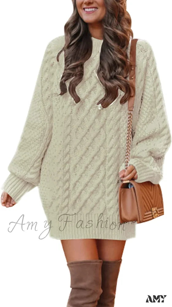 Amy Fashion - Women’s Crewneck Long Sleeve Cable Knit Sweater Dress Beige / Small